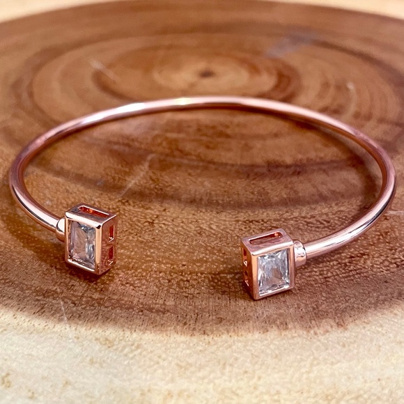 Two Tone Baguette Cut CZ Adjustable Cuff Bangle Duo Gold & Rose Gold Filled - Picture 6 of 10